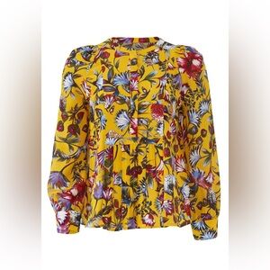 J Crew 100% Silk Autumn Color Pleated Popover Top Blouse Gold Floral Print XS